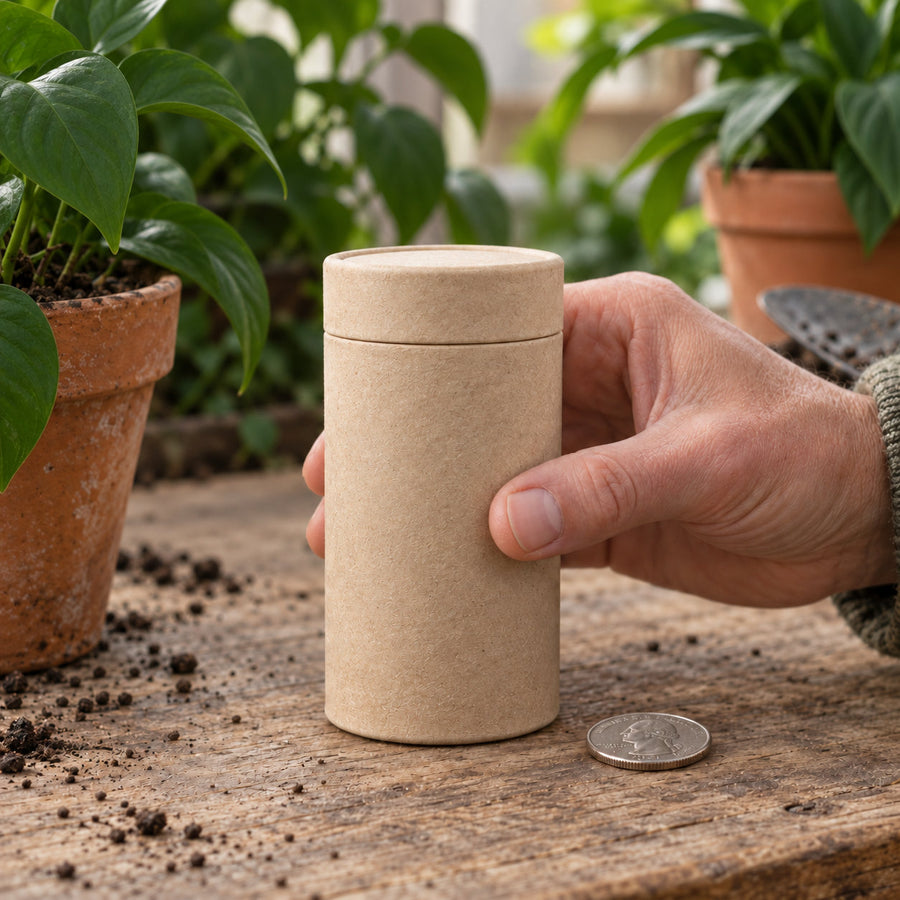 A release tube held upright in a hand before opening.