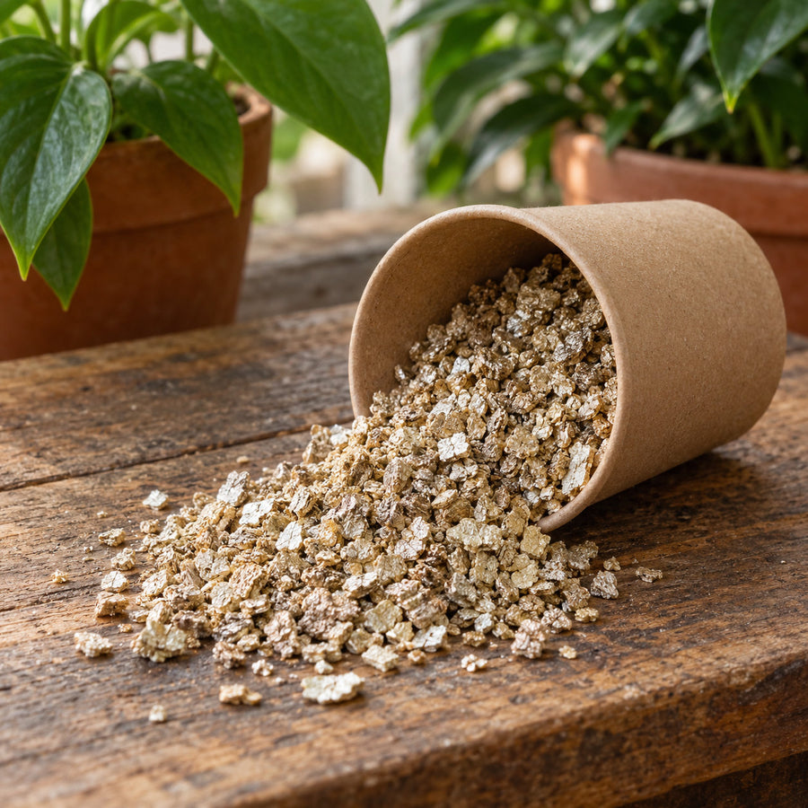 A kraft cup of loose vermiculite carrier, pale gold and silver flakes, spilled on a wood bench.
