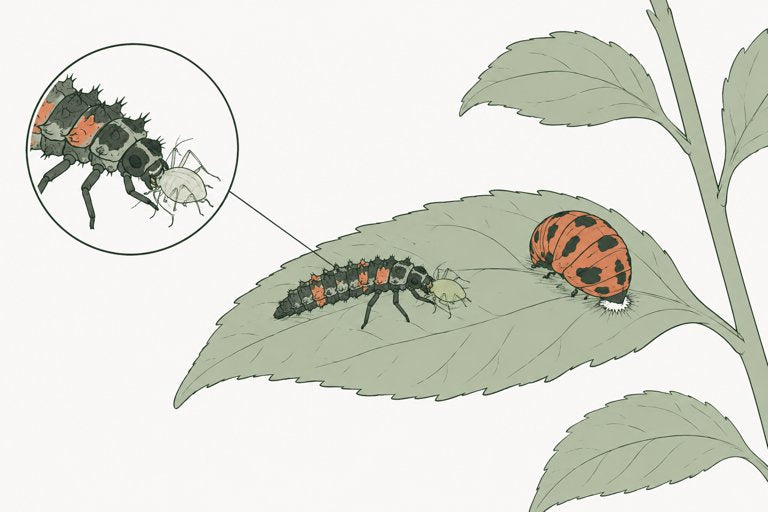 A young ladybug eating an aphid, next to a ladybug pupa