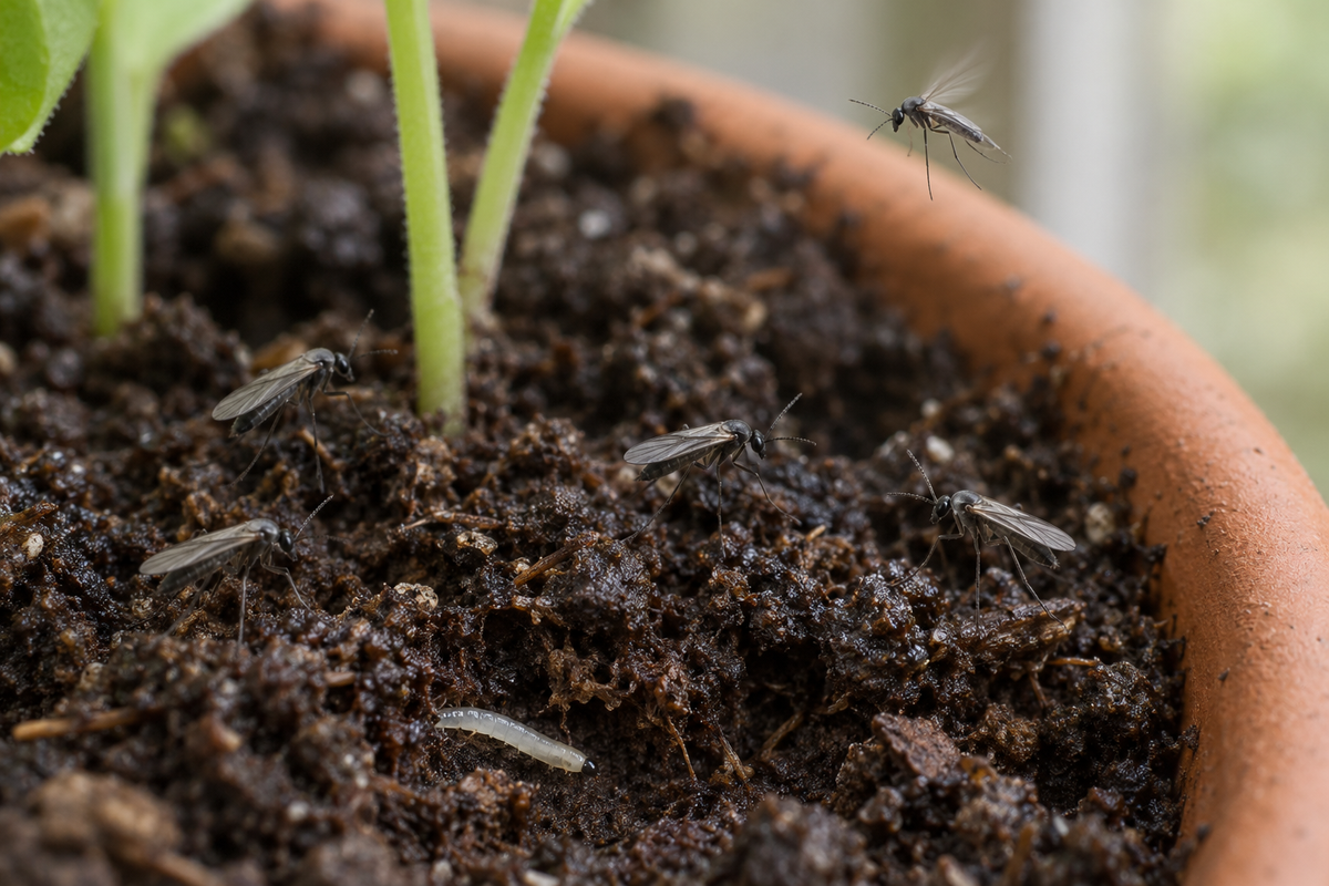 Adult fungus gnats standing on damp potting mix in a terracotta pot, one hovering above, with a translucent white larva with a black head in the soil