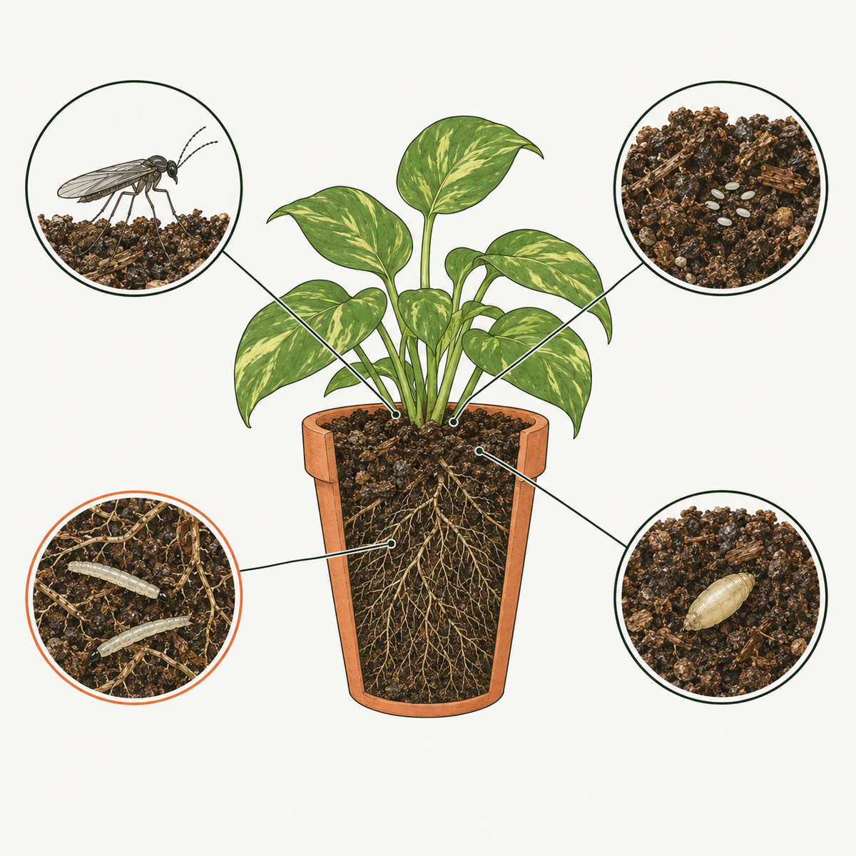 Ink drawing of a potted pothos cut away to show the soil, with close-ups of fungus gnat eggs, larvae among the roots, a pupa, and an adult gnat on the soil surface