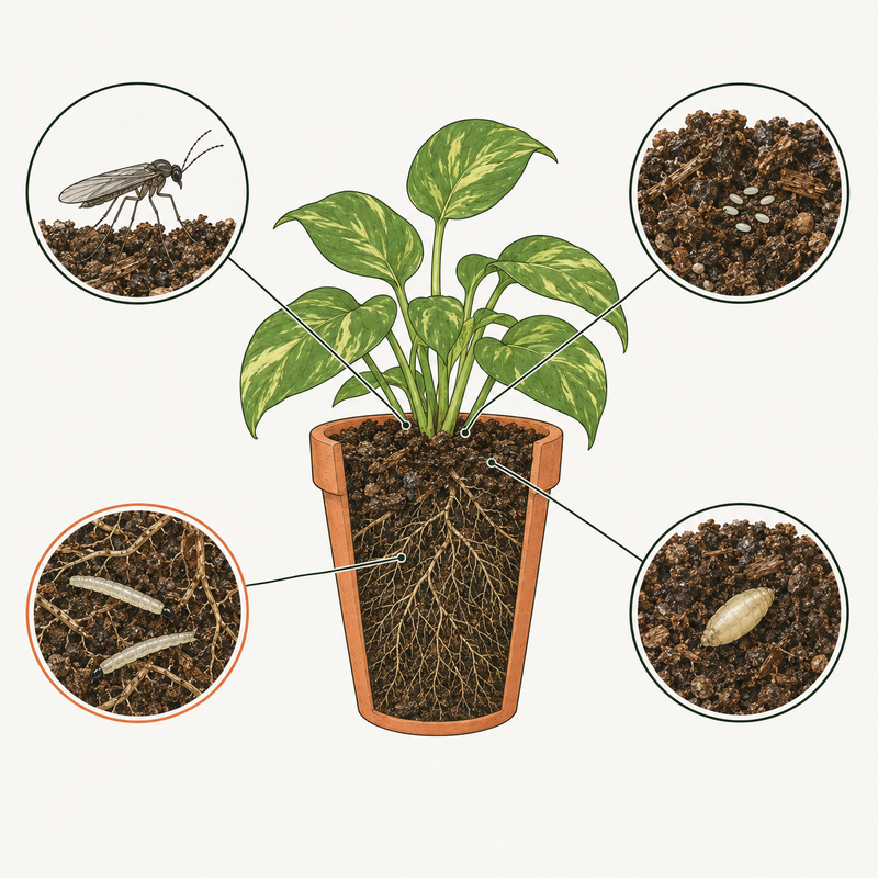 Ink drawing of a potted pothos cut away to show the soil, with close-ups of fungus gnat eggs, larvae among the roots, a pupa, and an adult gnat on the soil surface