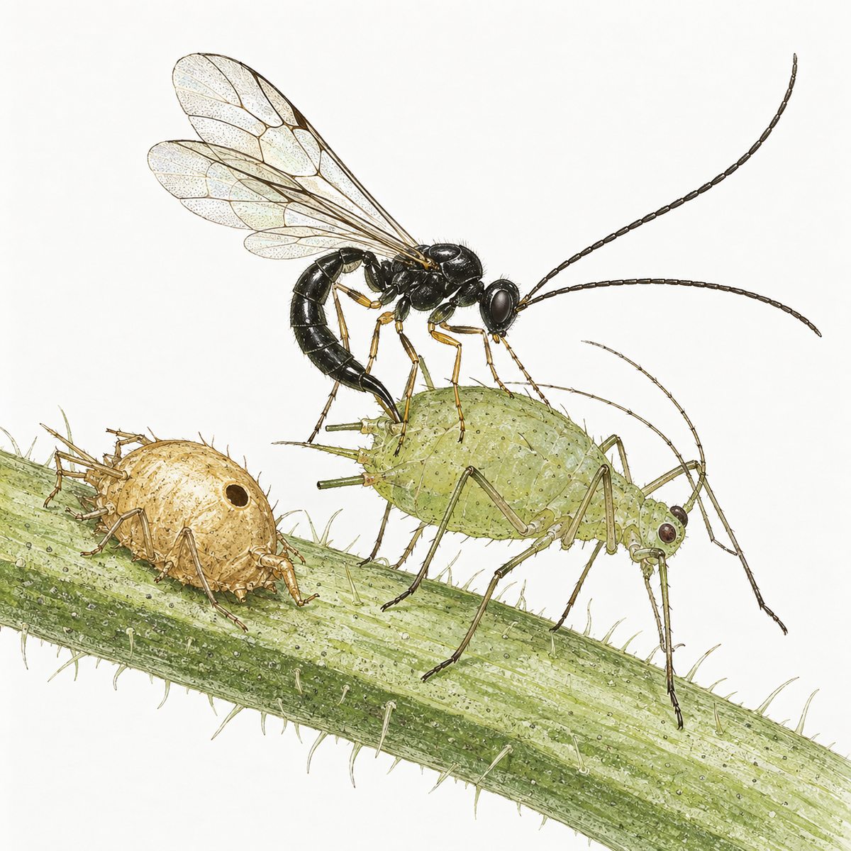 Illustration of an Aphidius ervi wasp laying an egg in a large potato aphid, beside a golden-tan aphid mummy.