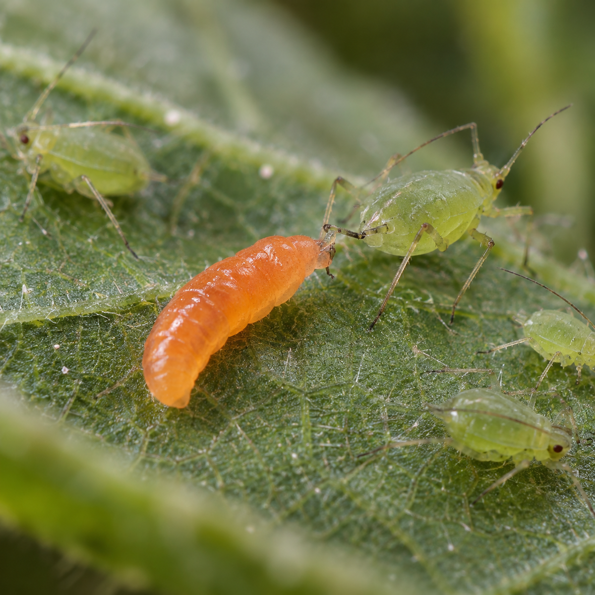 An orange Aphidoletes aphidimyza larva feeding on a green aphid on a leaf.