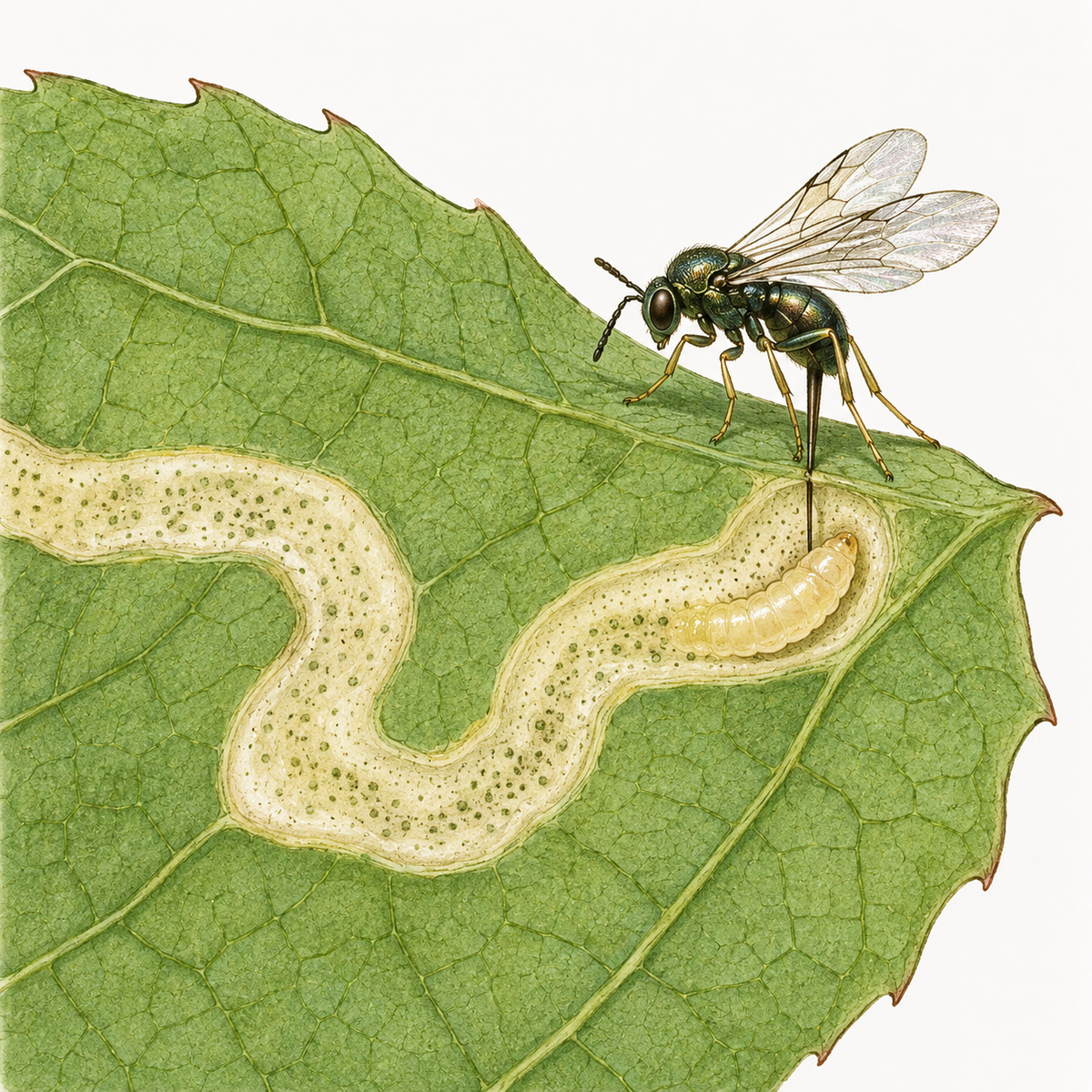 Illustration of a Diglyphus isaea wasp on a leaf, laying an egg through the surface into a leafminer tunnel beside the larva.