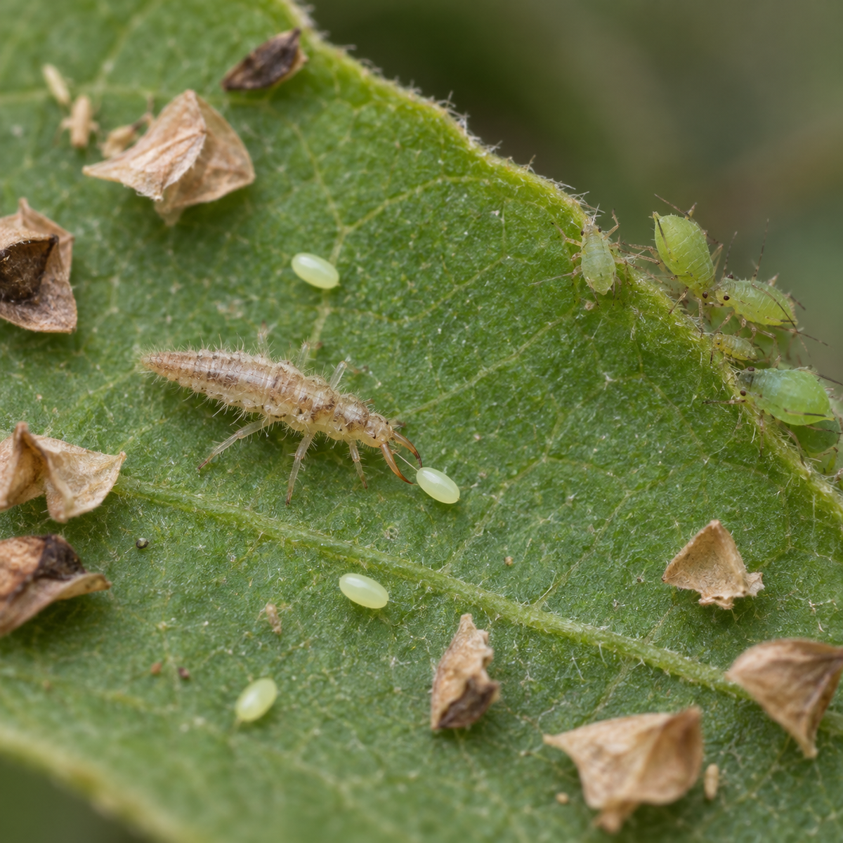 Loose pale green lacewing eggs and a few carrier hulls on a leaf, with a just-hatched larva beside them and aphids nearby.