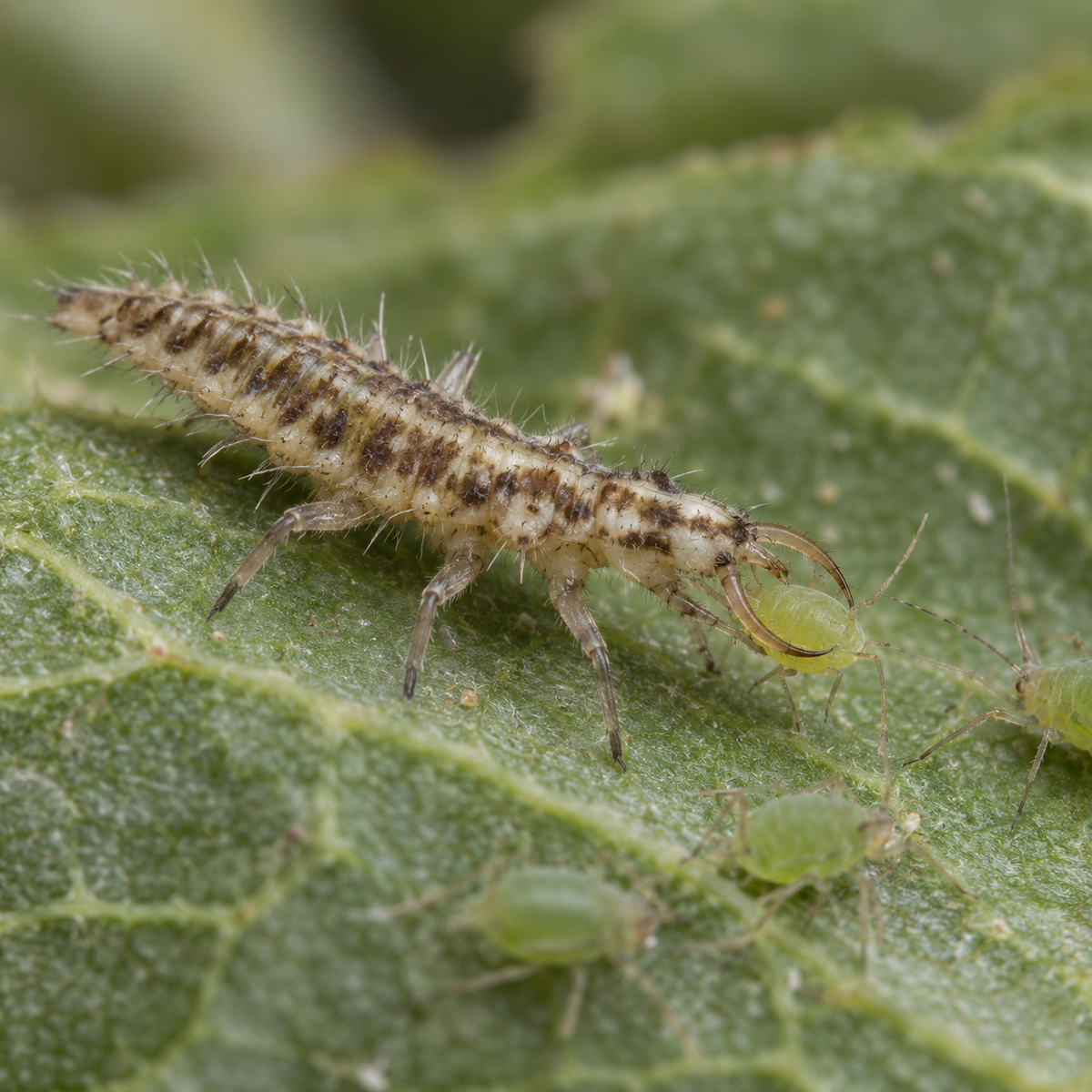 A green lacewing larva holding an aphid in its curved jaws on a leaf.