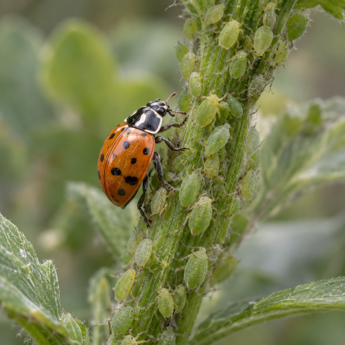 A convergent lady beetle, Hippodamia convergens, walking up a stem crowded with green aphids.