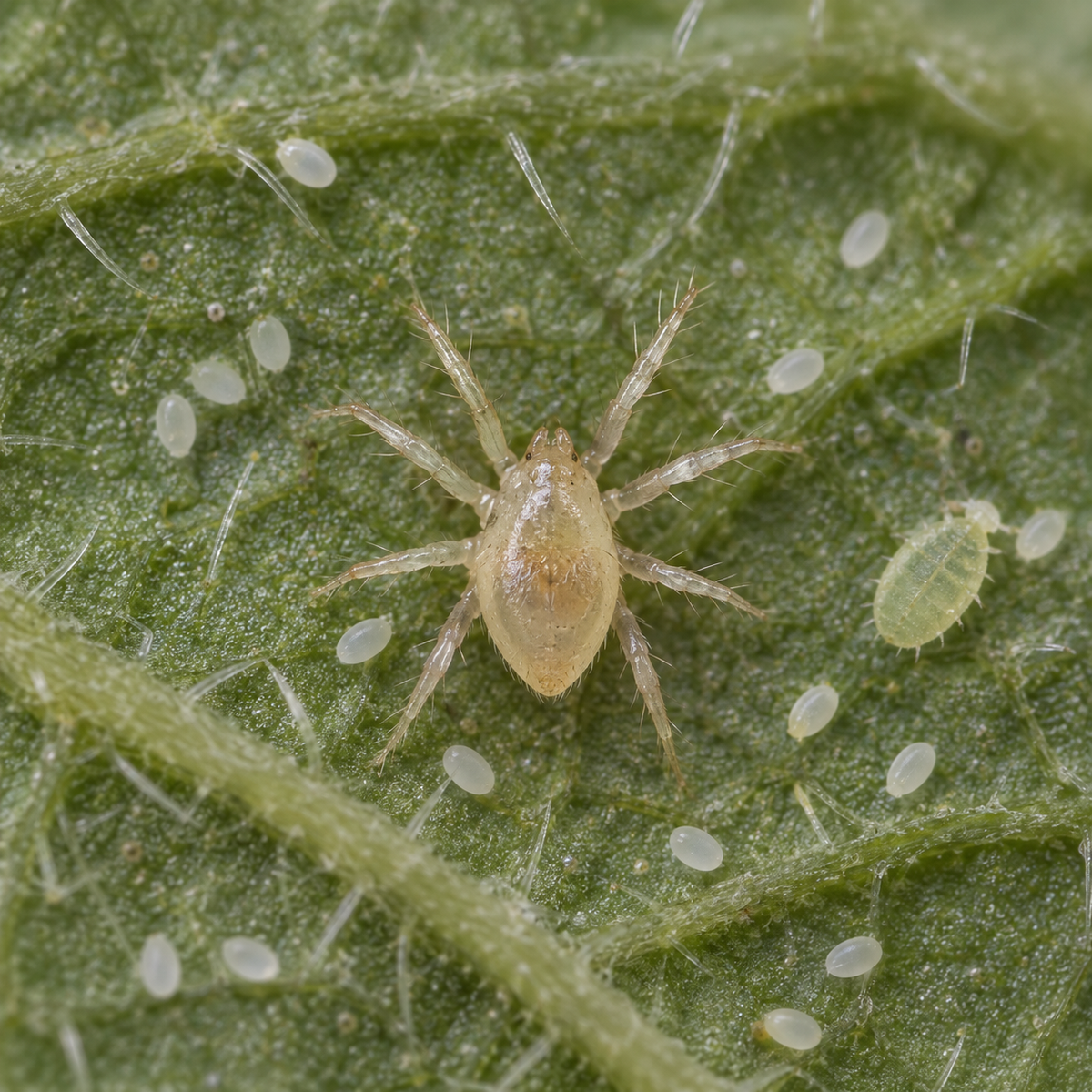 An Amblydromalus limonicus predatory mite among whitefly eggs on the underside of a tomato leaf.
