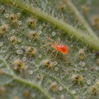 A bright orange-red Phytoseiulus persimilis predatory mite among two-spotted spider mites and webbing on a leaf underside.