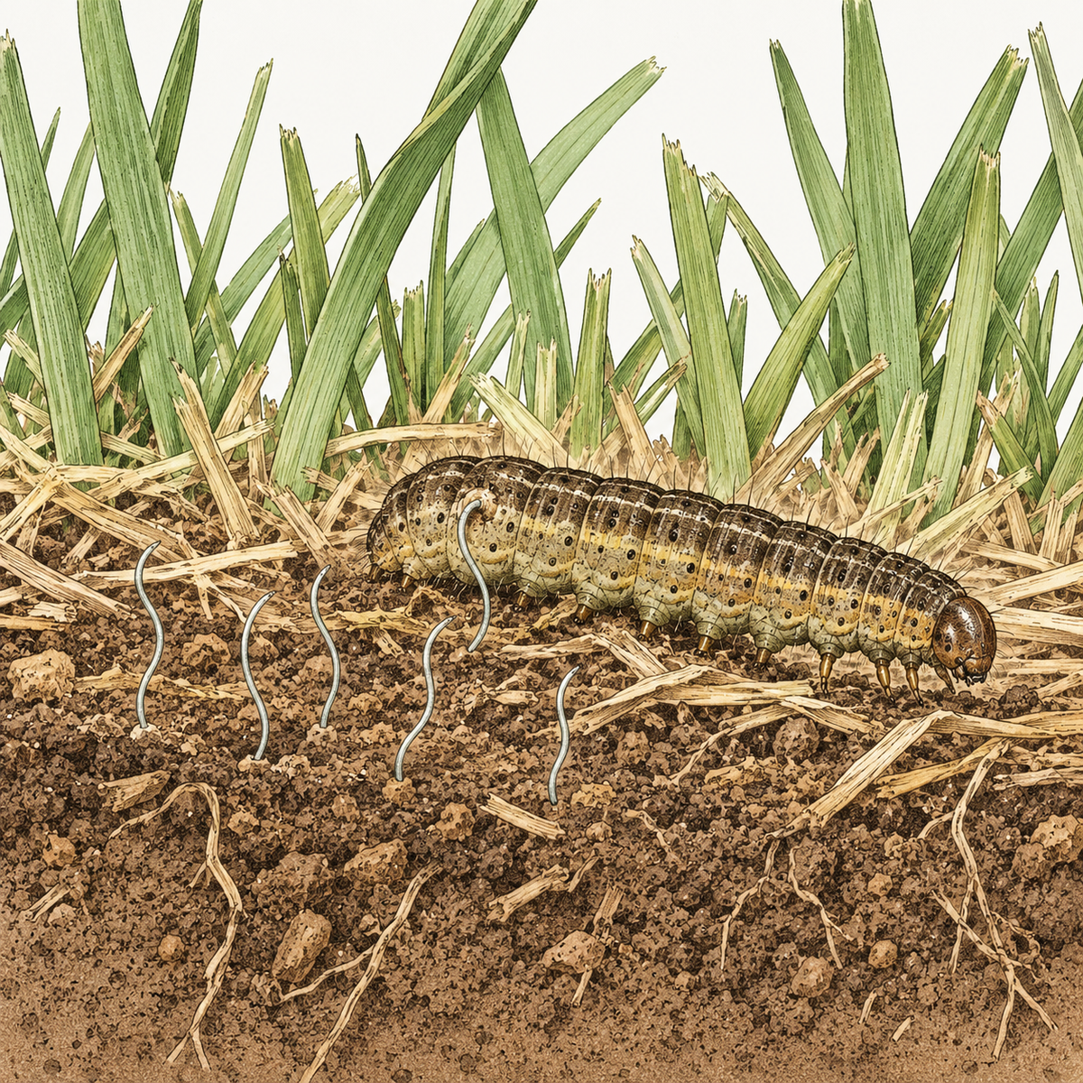Illustration of Steinernema carpocapsae nematodes standing on their tails at the soil surface, waiting for a passing sod webworm caterpillar.