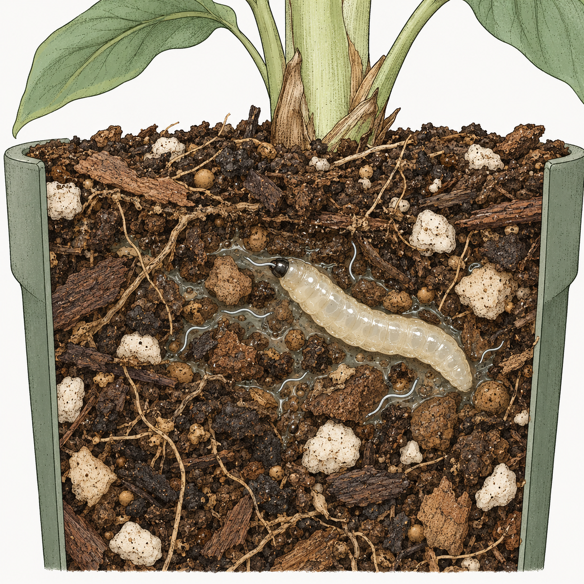 Illustration of beneficial nematodes, Steinernema feltiae, moving through moist potting mix toward a fungus gnat larva in the top inch of soil.