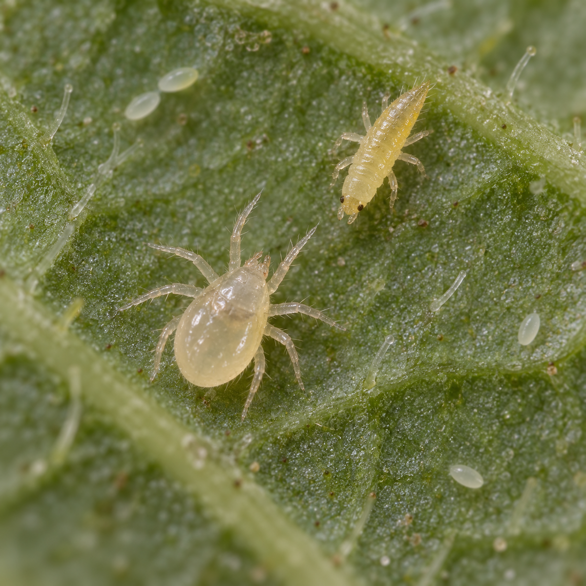 A pale Amblyseius swirskii predatory mite facing a young thrips larva on the underside of a pepper leaf.