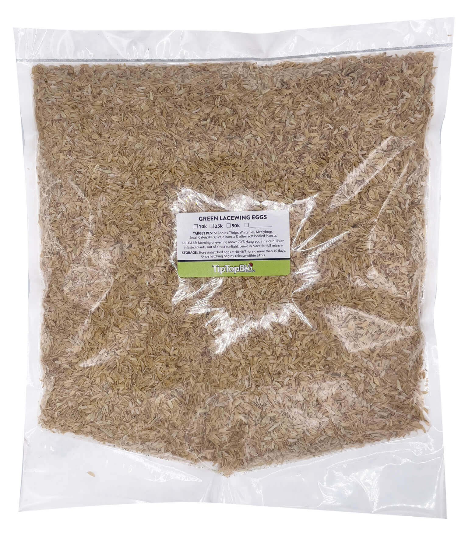 Package of Green Lacewing Eggs for natural pest control, featuring a packed bag labeled with product information and branding.