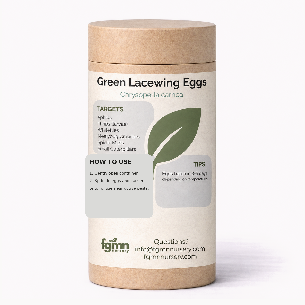 Kraft tube of FGMN green lacewing eggs, labelled for aphids, mealybugs and soft-bodied pests.