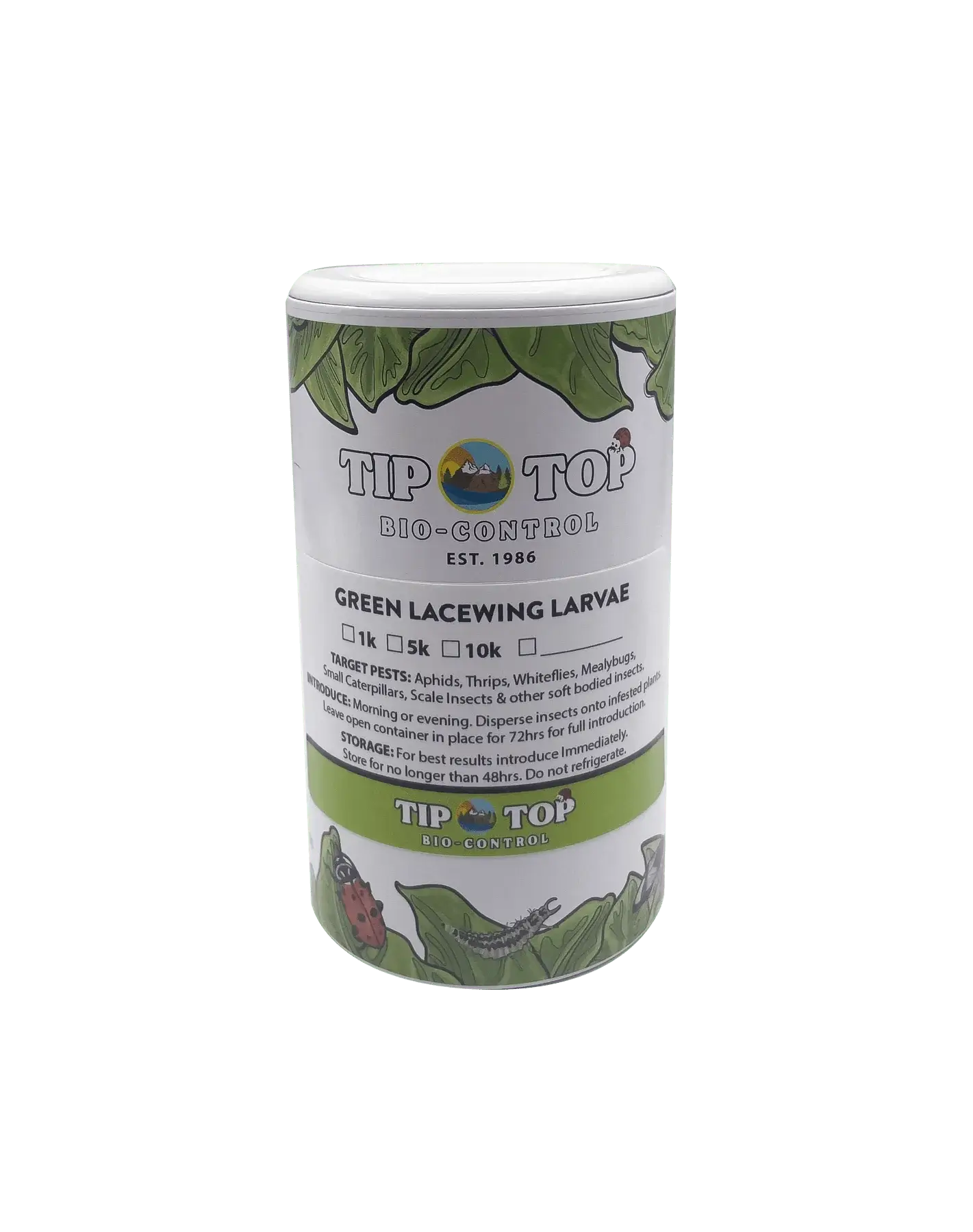 Container of Tip Top Bio-Control Green Lacewing Larvae for organic pest control in gardens and greenhouses.