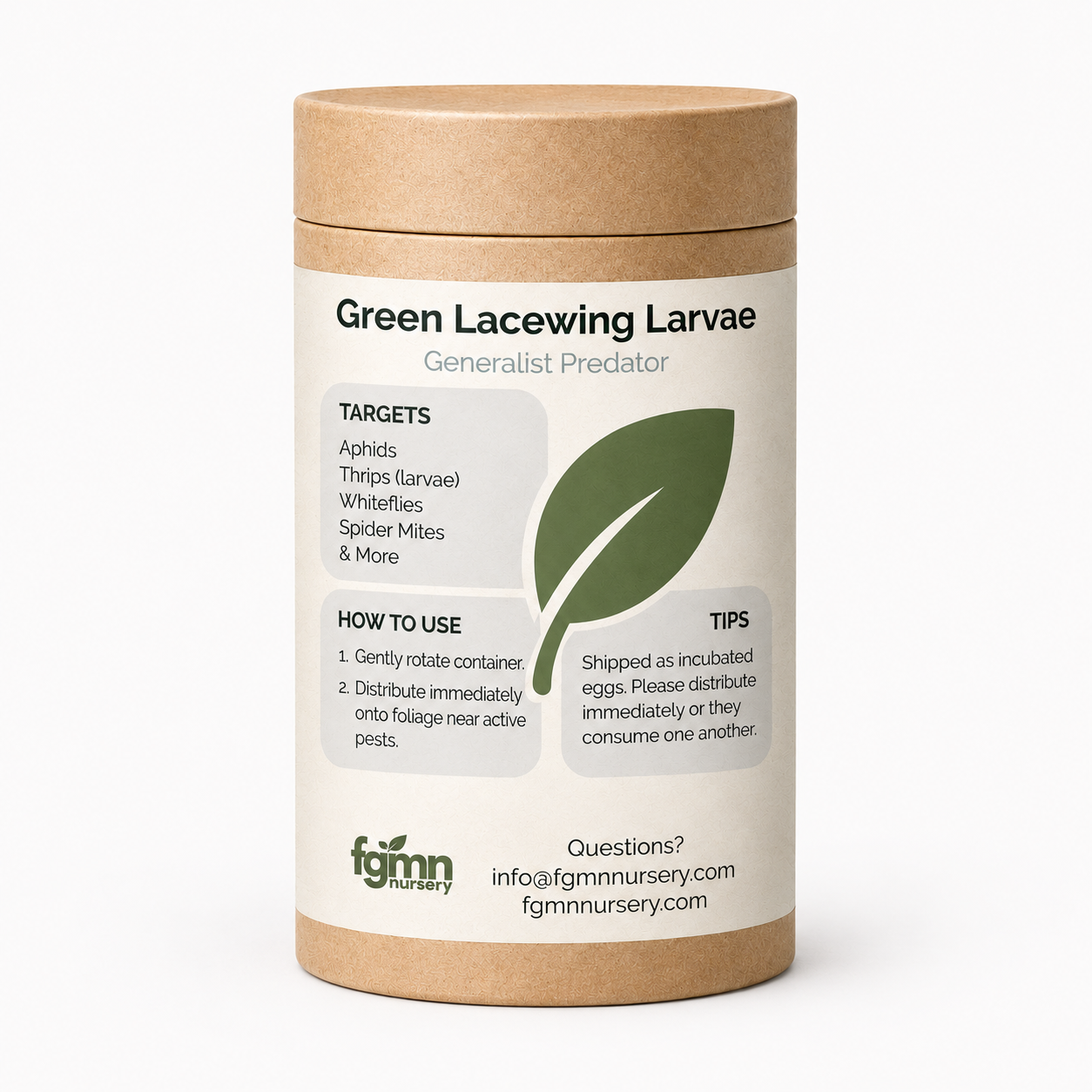 Kraft tube of FGMN green lacewing larvae, labelled for aphids, thrips larvae, whiteflies and spider mites.