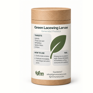 Kraft tube of FGMN green lacewing larvae, labelled for aphids, thrips larvae, whiteflies and spider mites.