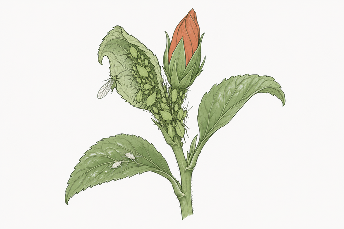 Ink and watercolor drawing of a hibiscus shoot tip crowded with green peach aphids on the new growth, one winged aphid and white shed skins on a lower leaf.