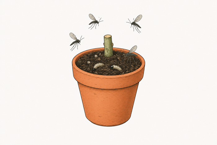Ink and watercolor drawing of a terracotta pot of damp potting mix with fungus gnats hovering above and two black-headed larvae half-buried at the soil surface.