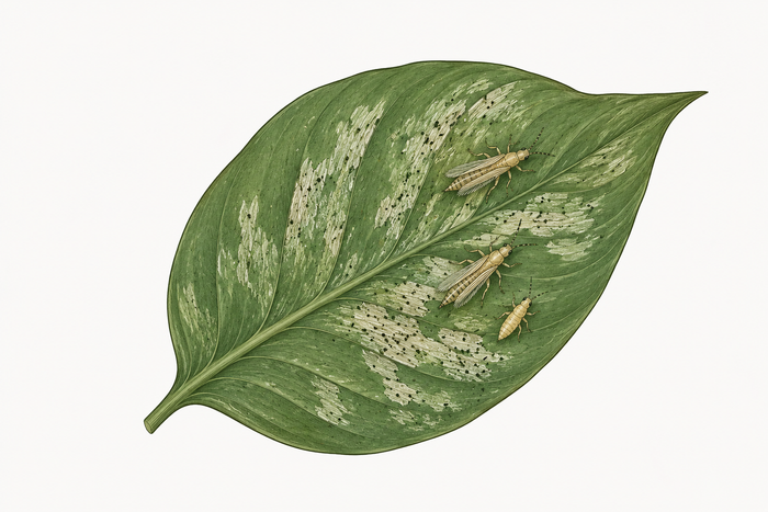 Ink and watercolor drawing of a houseplant leaf with silvery thrips scarring and tiny black specks, two adult western flower thrips and one larva.