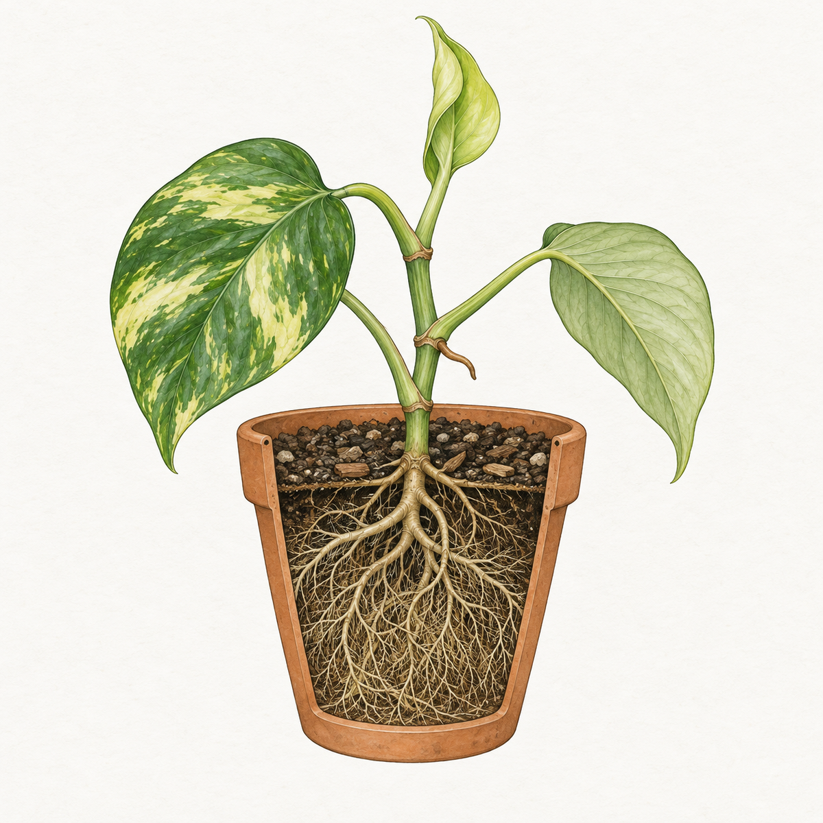 Ink and watercolor drawing of a golden pothos in a cut-away terracotta pot, showing new growth, a leaf underside, the stem and nodes, the soil surface and the roots.