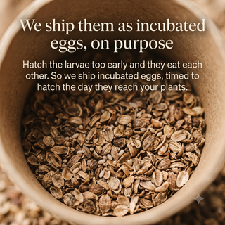 Close-up of lacewing eggs in a container with text about shipping lacewing larvae as incubated eggs.