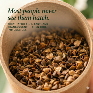Looking down into an open container of Green Lacewing eggs, filled with the dry buckwheat hull carrier the eggs ship in. Text overlay: Most people never see them hatch — they hatch tiny, fast, and translucent, then hide immediately.