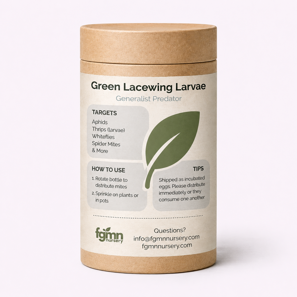 Container of Green Lacewing Larvae with label on a white background
