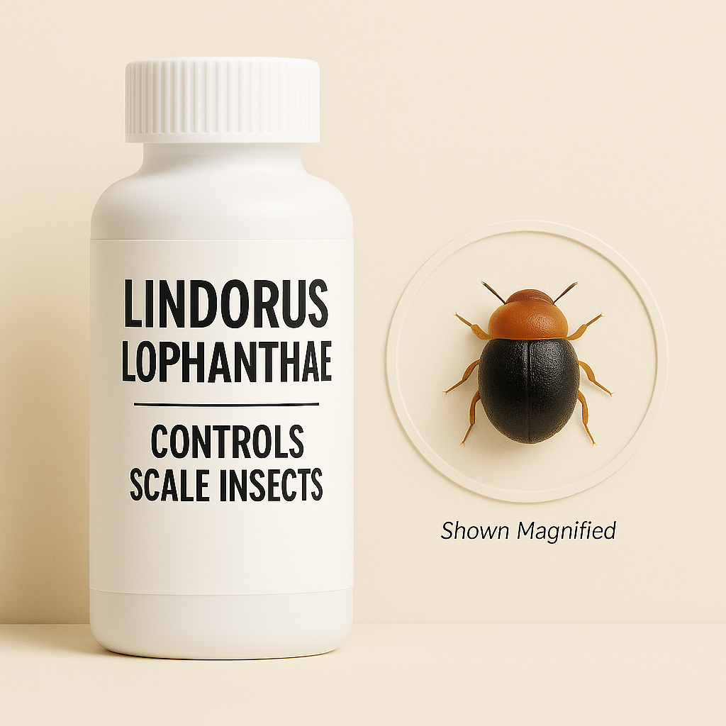 White bottle labeled Lindorus lophanthae with a magnified black and orange ladybird beetle beside it in an etched circle, shown against a soft beige background, representing biological control of scale insects.