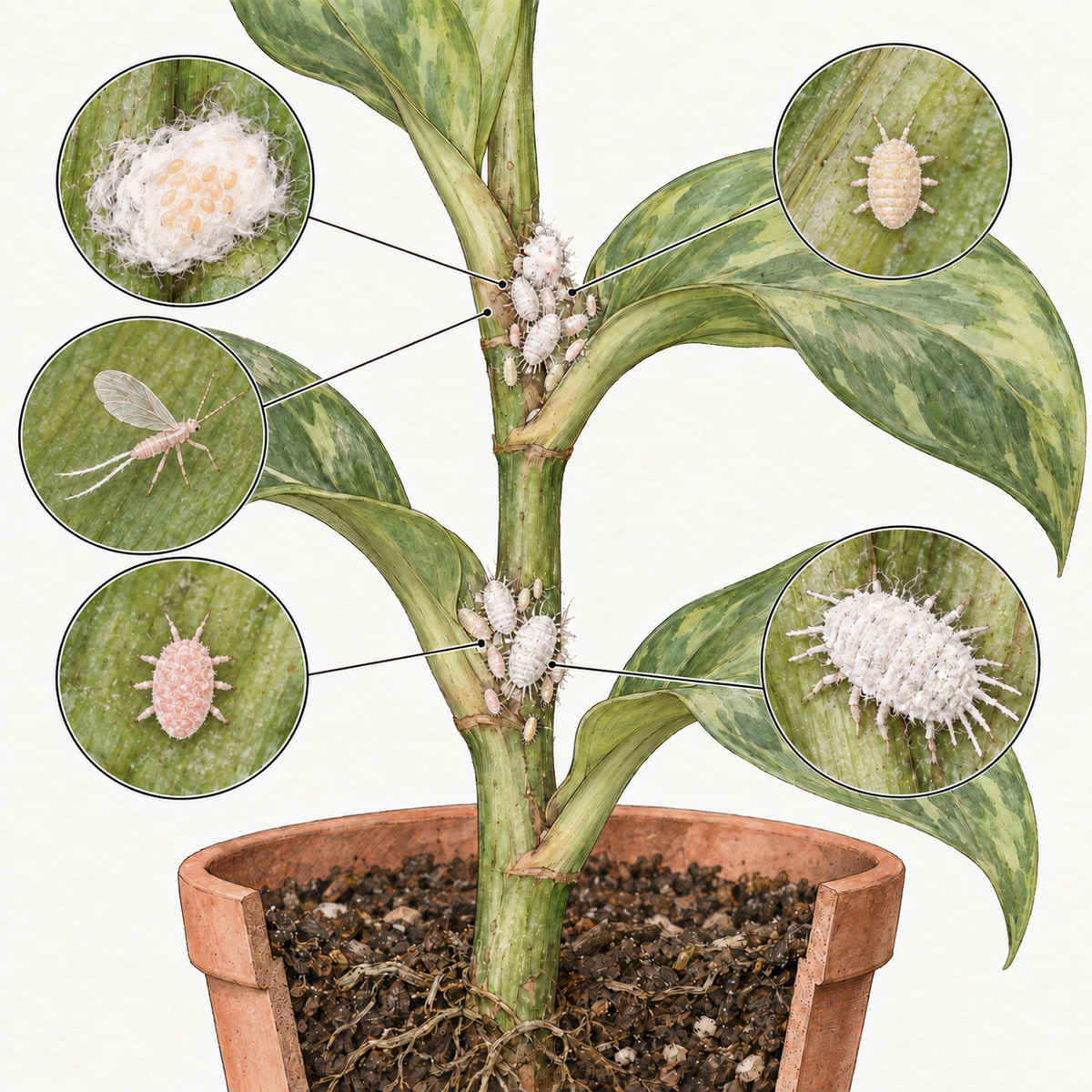 Mealybug life cycle on a houseplant stem: cottony egg sac, crawler, nymph, wax-covered adult female and winged adult male