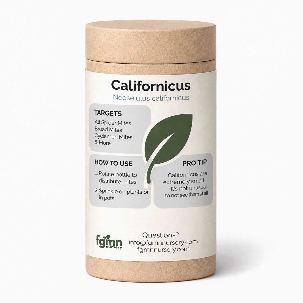 Kraft tube of FGMN Neoseiulus californicus predatory mites, labelled for spider mites.