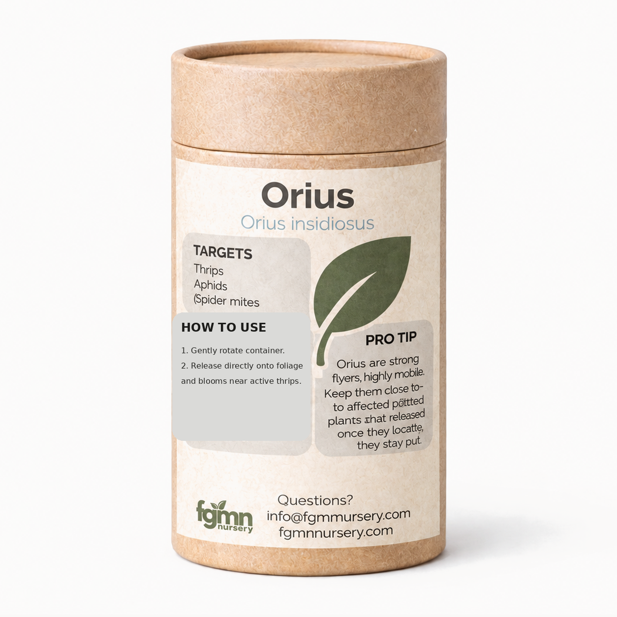 Kraft tube of FGMN Orius insidiosus minute pirate bugs, labelled for adult thrips.