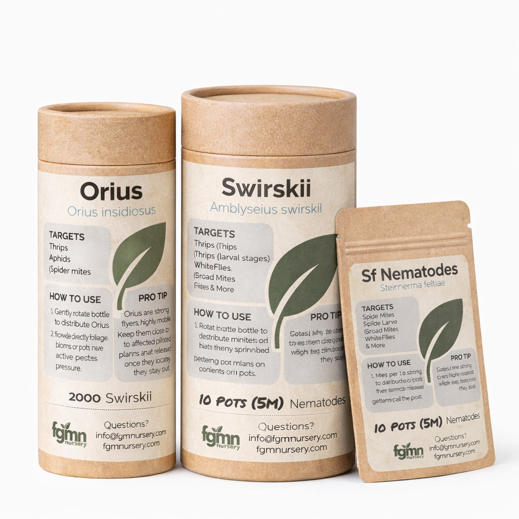 The Thrips Total Control - Three Stage System features eco-friendly containers with instructions on using predatory mites and nematodes for thrips control, shown against a white background.