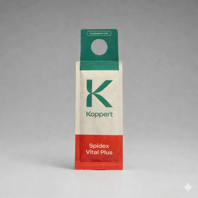 A small rectangular packet labeled "Phytoseiulus Persimilis Prevention Sachets" with a green and red design and a hanging tab stands upright against a neutral background. Ideal for biological spider mite control using slow-release sachets.