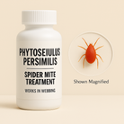 White bottle labeled Phytoseiulus persimilis with smaller subtext reading “Spider Mite Treatment” and “Works in Webbing,” shown beside a magnified red mite in an etched circle against a beige background, representing biological spider mite control in webbed infestations.
