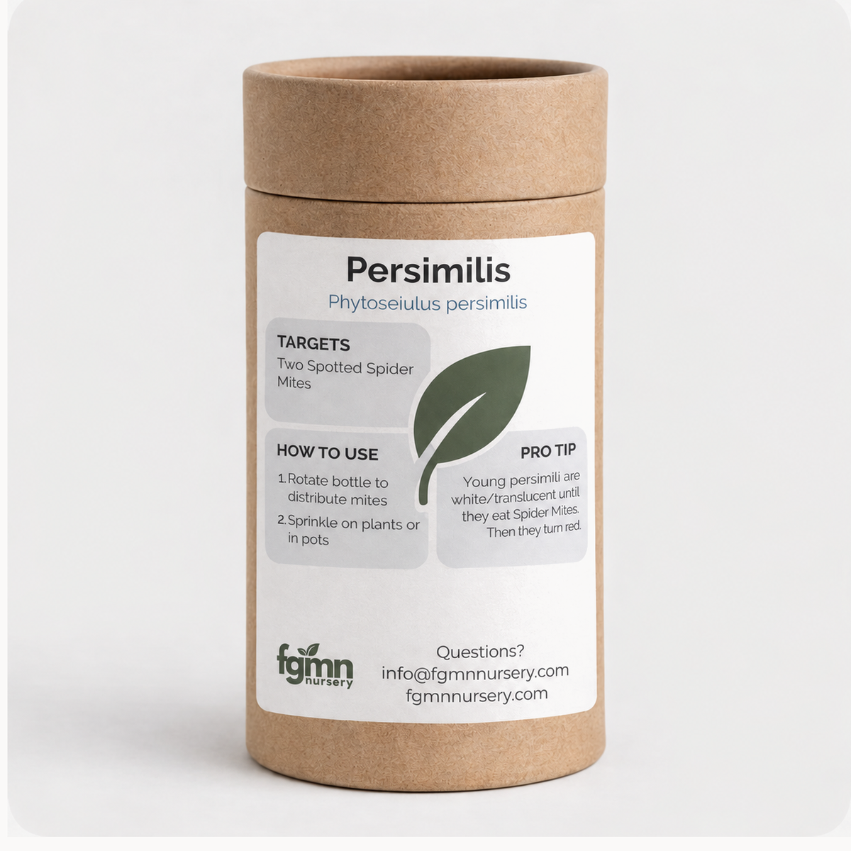 Kraft tube of FGMN Phytoseiulus persimilis predatory mites, labelled for two-spotted spider mites.