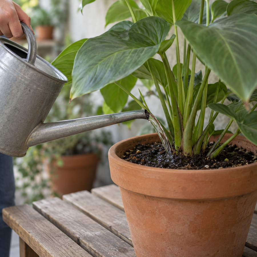 A watering can pouring a gentle drench onto damp soil at the base of a potted houseplant, with the leaves kept dry.
