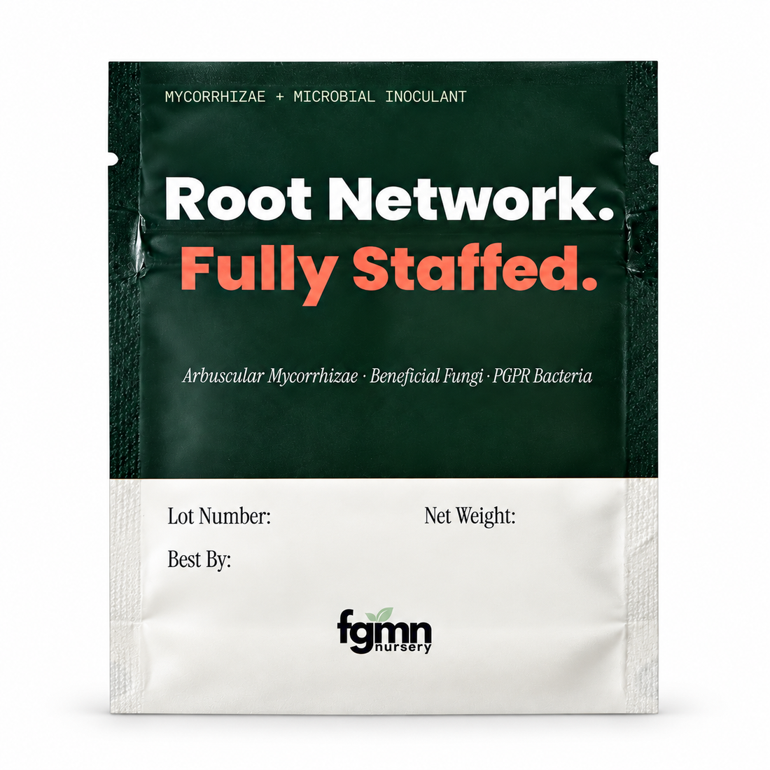 Front of the Root Network pouch: dark green with "Root Network. Fully Staffed." Mycorrhizae plus microbial inoculant, with arbuscular mycorrhizae, beneficial fungi and PGPR bacteria.