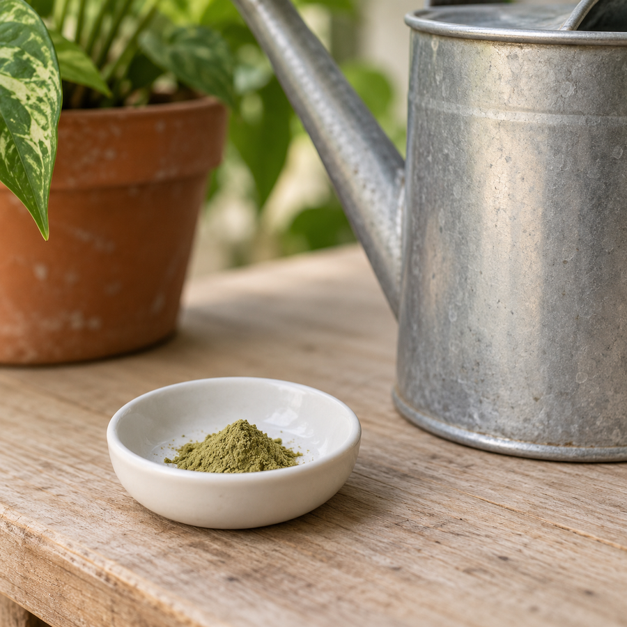 A small mound of light olive-green Root Network powder in a white dish beside a one-gallon watering can.