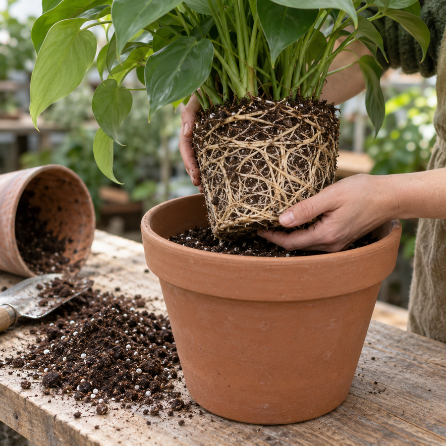 A houseplant's root ball being lowered from its old pot into a larger terracotta pot half filled with fresh potting mix.