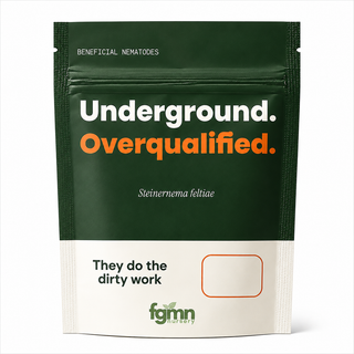 Dark green pouch of FGMN beneficial nematodes reading 'Underground. Overqualified.' — Steinernema feltiae.