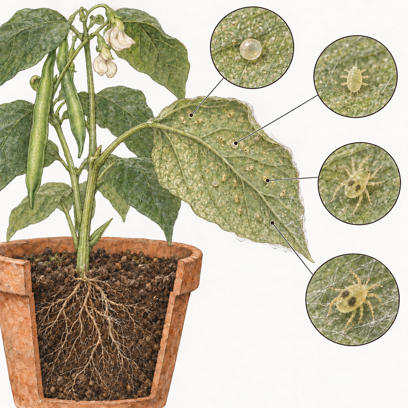 Spider mite life cycle on the underside of a bean leaf: egg, six-legged larva, nymph and adult female