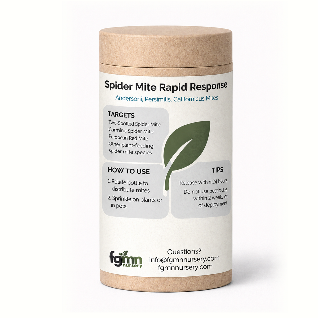 Kraft tube of FGMN Spider Mite Rapid Response, a three-species predatory mite blend labelled for active spider mite infestations.