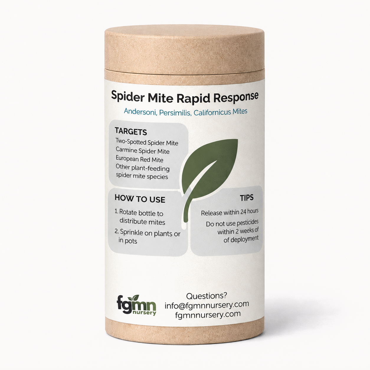 Kraft tube of FGMN Spider Mite Rapid Response, a three-species predatory mite blend labelled for active spider mite infestations.