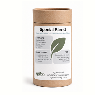 Kraft tube of FGMN Special Blend predatory mites — andersoni, californicus, swirskii and cucumeris — labelled for spider mites, thrips larvae, broad mites and whiteflies.