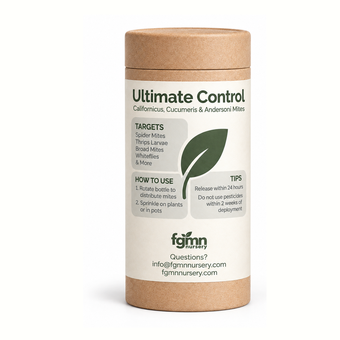 Kraft tube of FGMN Ultimate Control predatory mite mix — californicus, cucumeris and andersoni — labelled for spider mites, thrips larvae, broad mites and whiteflies.